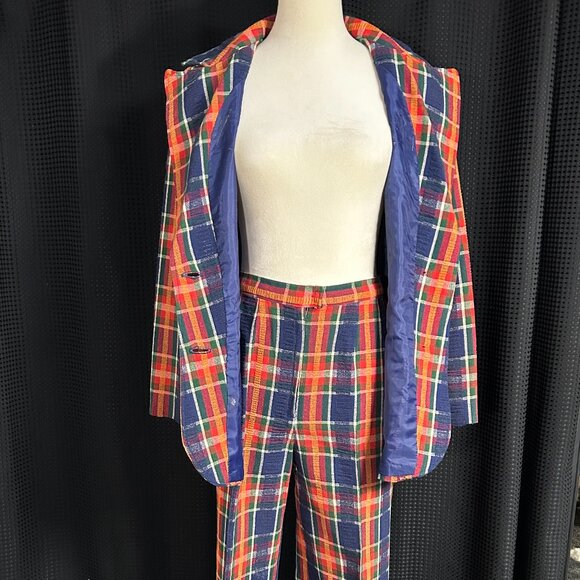 Vintage 1960S Women's Vibrant Check Leisure Suit Mod Disco Flare Leg Pant Set - Picture 9 of 14